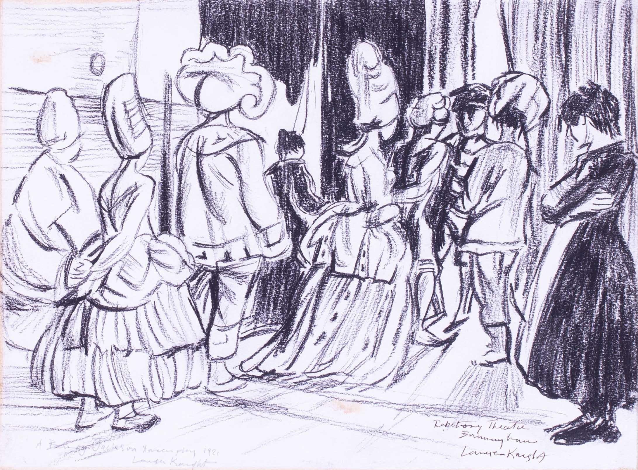 Dame Laura Knight, signed, charcoal on board drawing of behind theatre scene For Sale 1