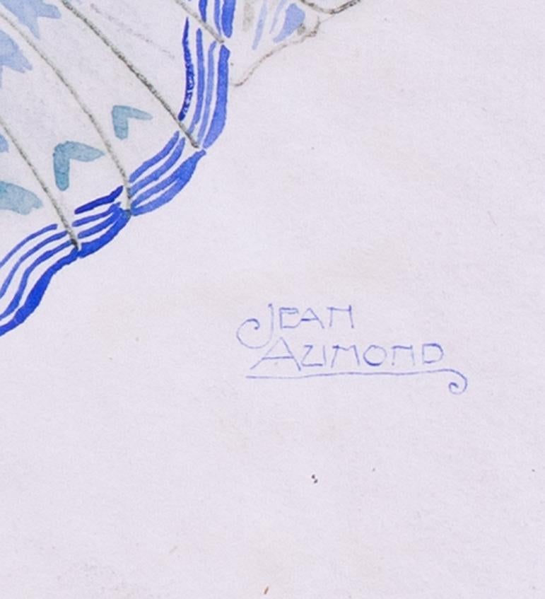 Acuarela Art Déco sobre papel de una dama vestida de mariposa por Jean Aumond 2