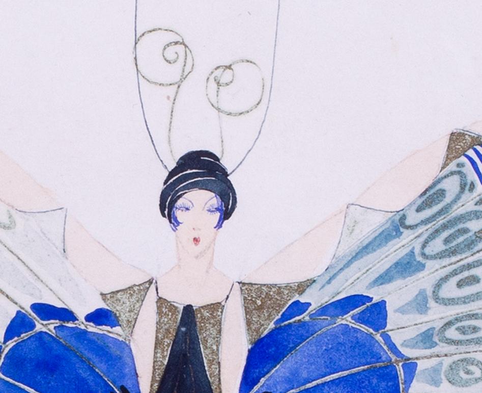 A very charming and stylish Art Deco costume study of a lady in a blue butterfly costume by the French costume designer Jean Aumond.  Jean Aumond (French, active from 1919 to 1965)  was considered one of the most brilliant and productive costume