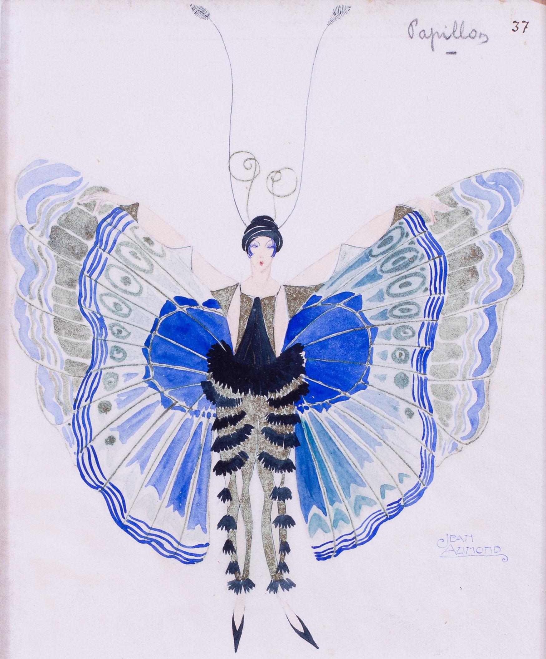 Art-Déco-Aquarell auf Papier einer Dame in Schmetterlingskostüm von Jean Aumond im Angebot 1