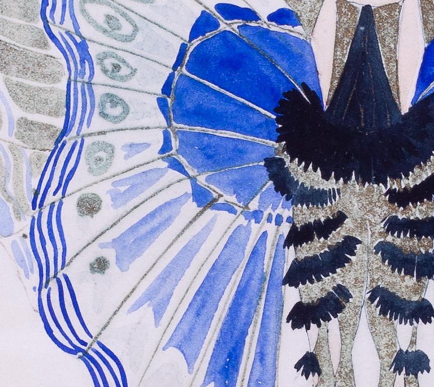 Acuarela Art Déco sobre papel de una dama vestida de mariposa por Jean Aumond 4
