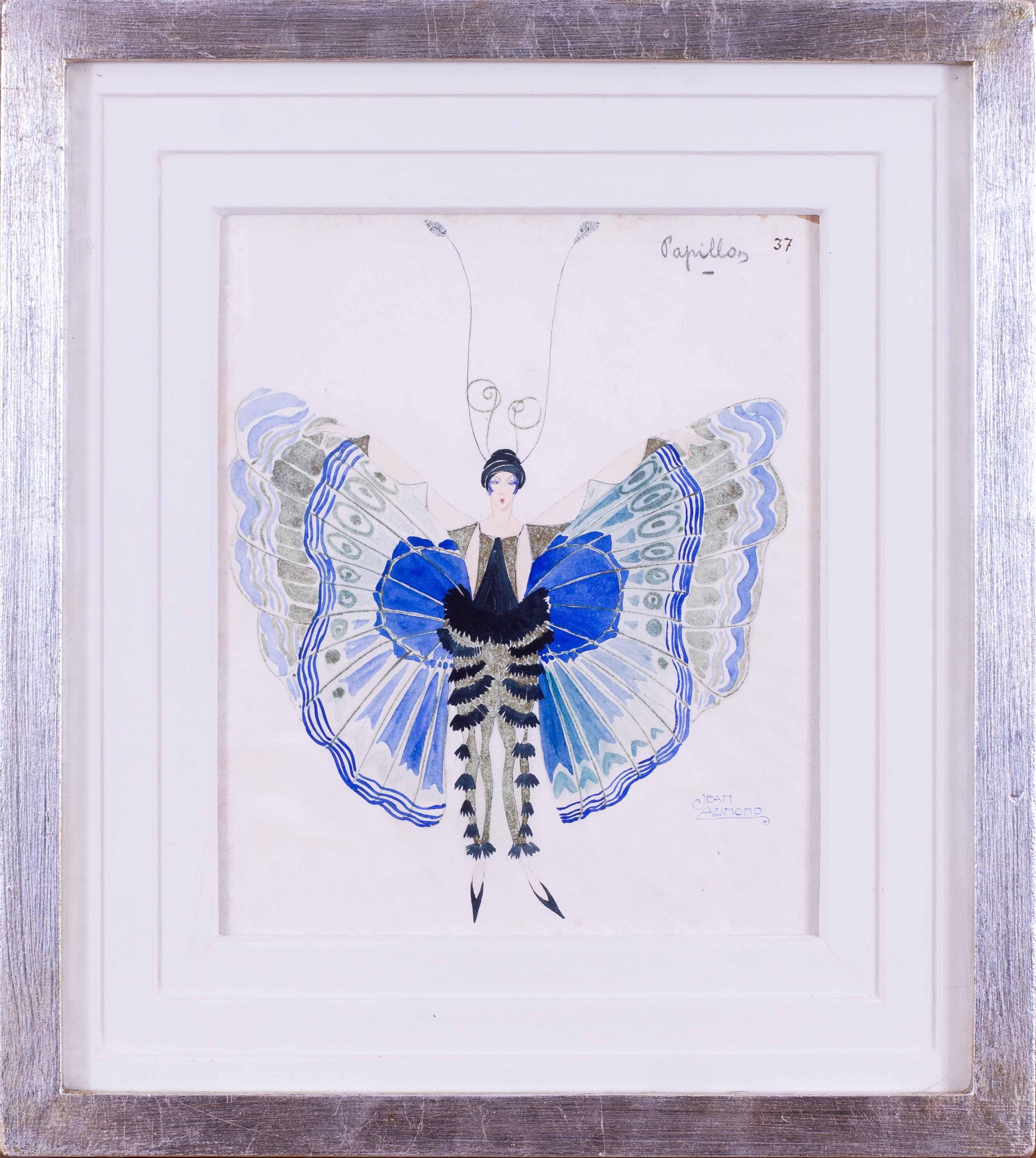 Eine sehr charmante und stilvolle Art-Déco-Kostümstudie einer Dame in einem blauen Schmetterlingskostüm des französischen Kostümbildners Jean Aumond.  Jean Aumond (Franzose, tätig von 1919 bis 1965)  galt als einer der brillantesten und