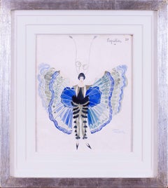 Art Deco watercolour on paper of a lady in a butterfly costume by Jean Aumond