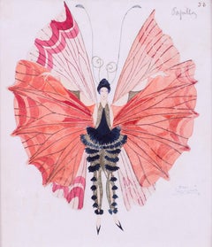 Art Deco butterfly costume design in watercolour by French designer Aumond