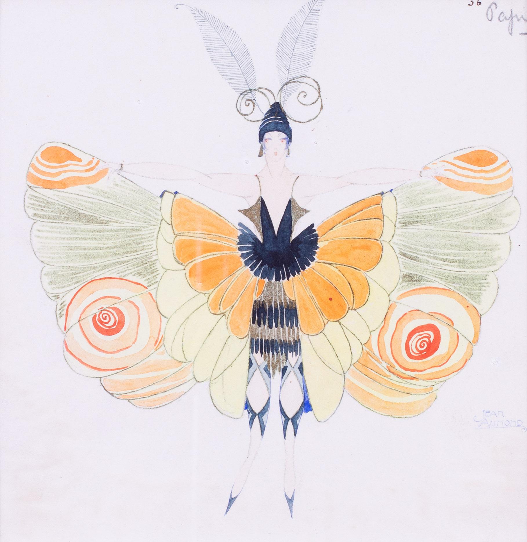 Gelbes Schmetterlingskostüm-Entwurf des französischen Kostümbildners Jean Aumond im Art déco-Stil im Angebot 1