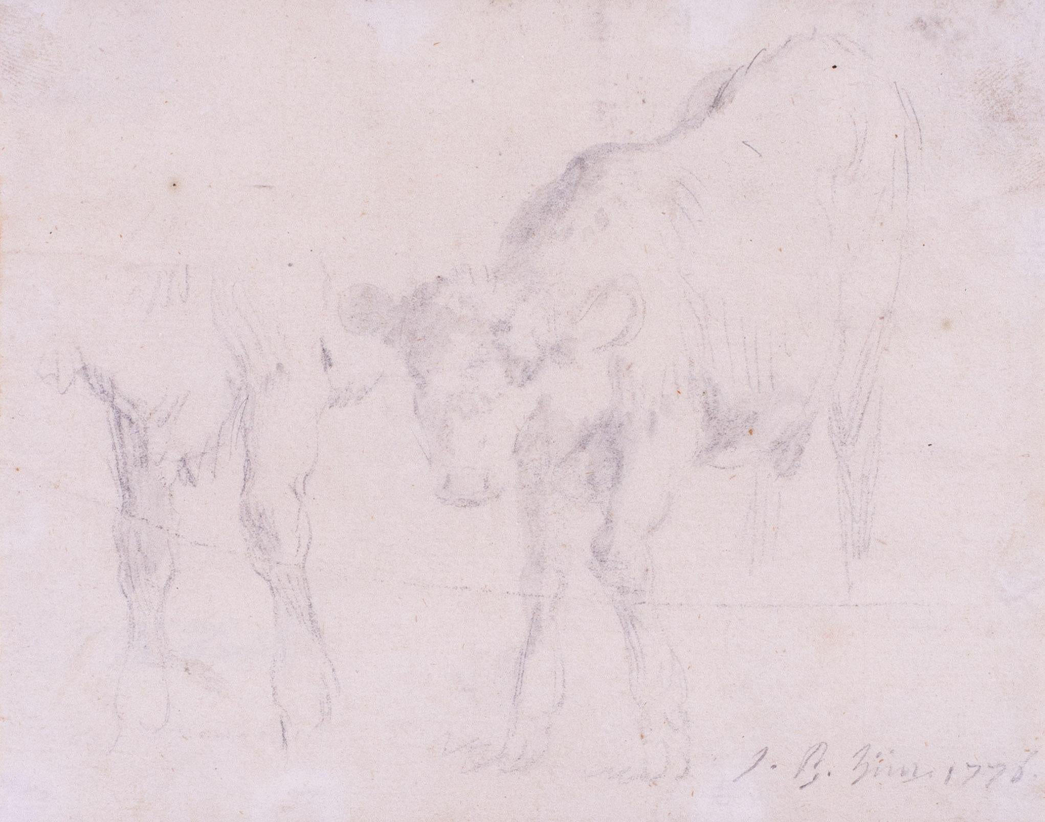 A rare and charming study of cows by 18th Century French painter, engraver and designer Jean-Baptiste Huet.

The details are:
Jean Baptiste Huet (French, 1745 – 1811)
Study of cows
Pencil
Signed and adated ‘J.B. Huet 1776’ (lower right)
4.1/4 x