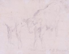 18th Century Old Master pencil study of cows by French artist Jean Baptiste Huet