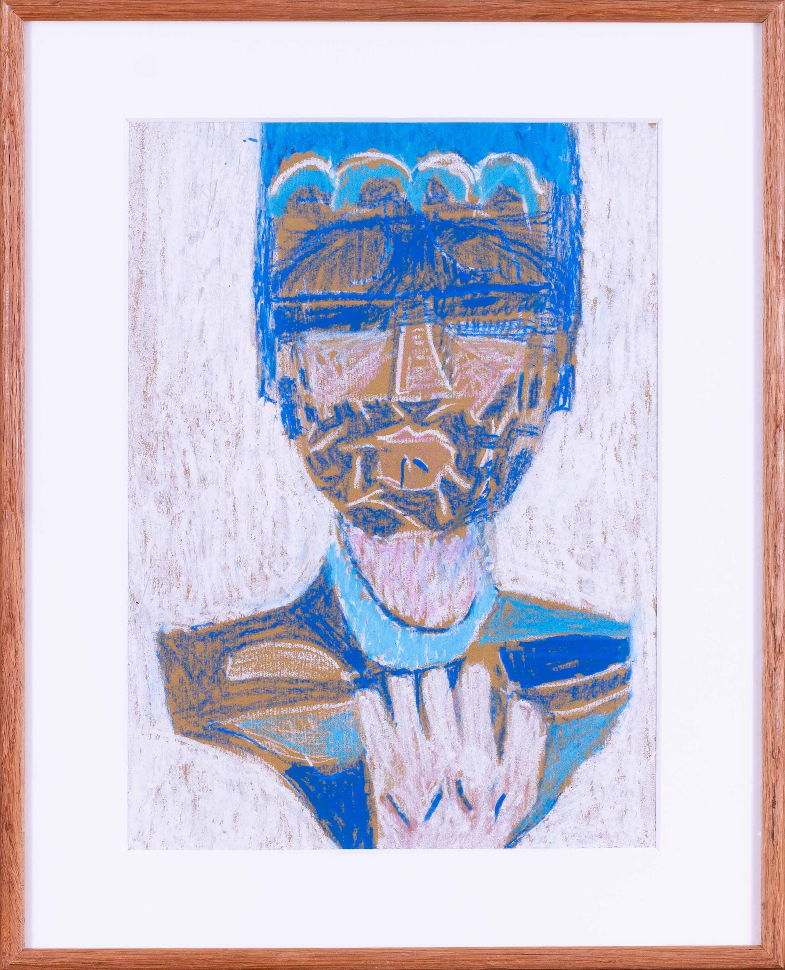 Abstract mythological portrait in blue by Modern British artist Ewart Johns For Sale 2