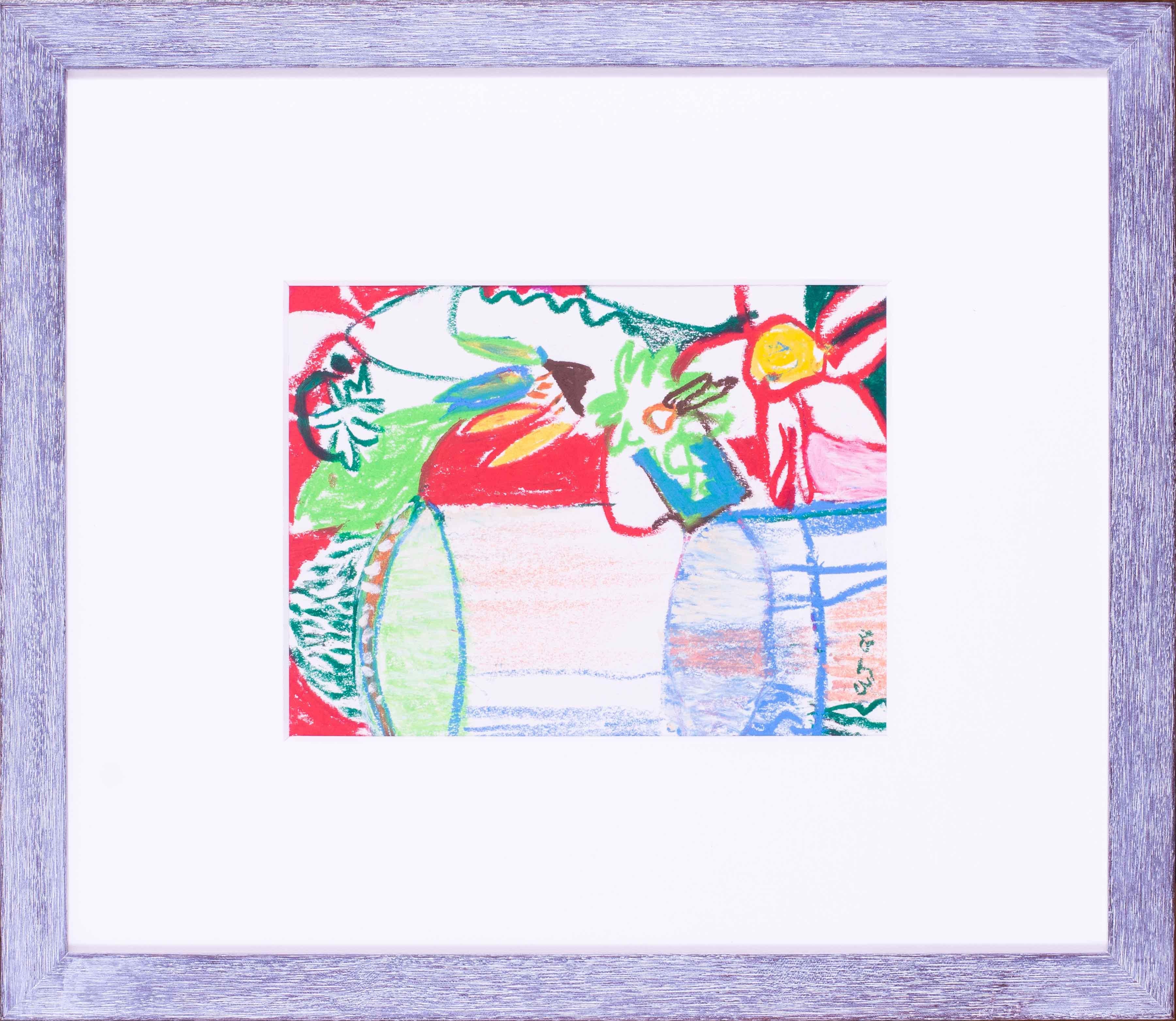 Vibrant abstract picture of jar and flowers by Modern British artist Ewart Johns For Sale 2