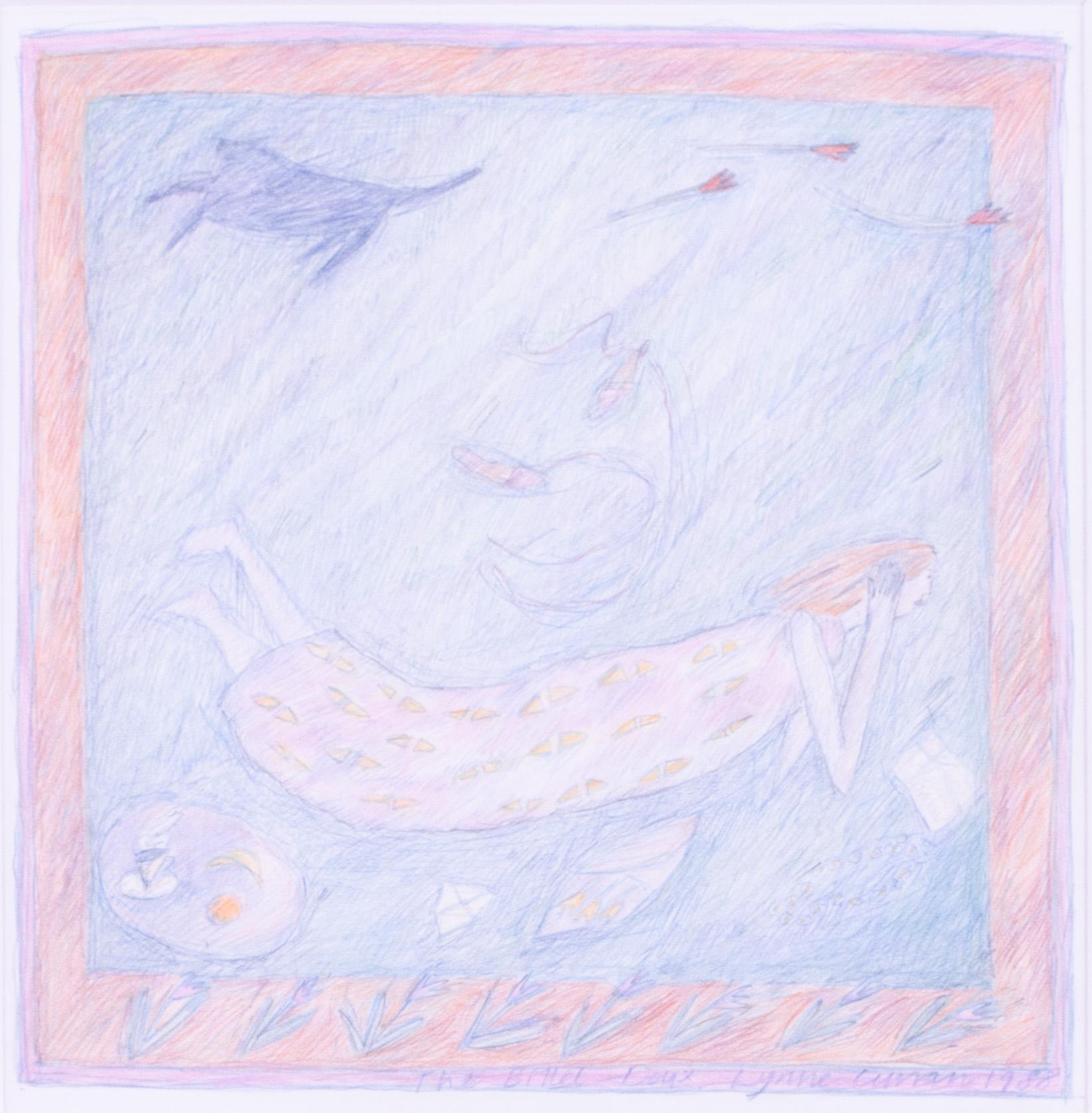Pencil study 'Billet-Doux' by female tapestry weaver Lynne Curran in pale pinks For Sale 1