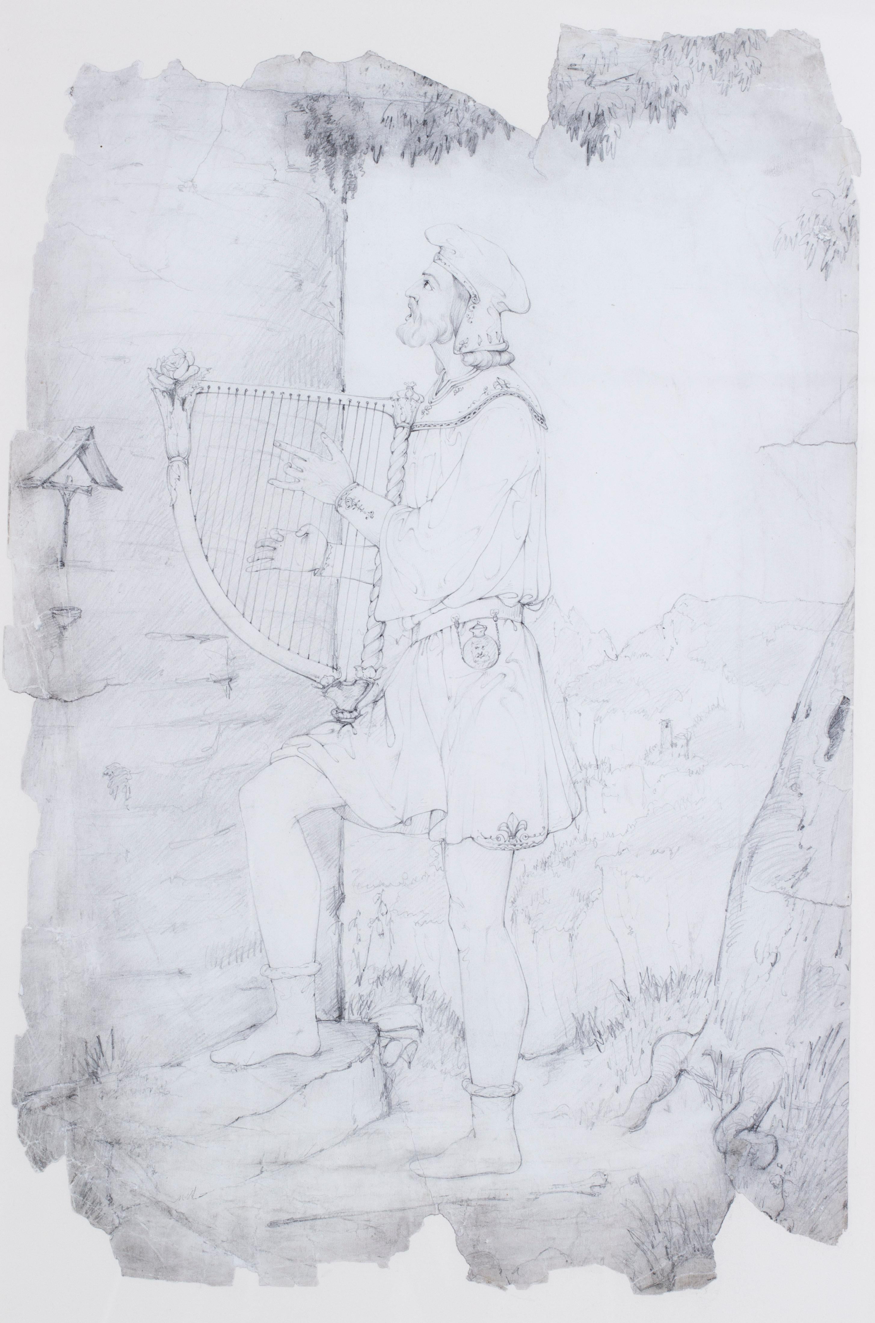 Lord Frederick Leighton (British, 1830-1896)
A very early study of a Medieval Minstrel
pencil on paper
the fragment measures approx. 19.1/2 x 13 in. 
(49.5 x 33 cm.) 
Provenance: Gifted by Leighton to his cousin Edith Emily Jellicorse, nee Garnham,