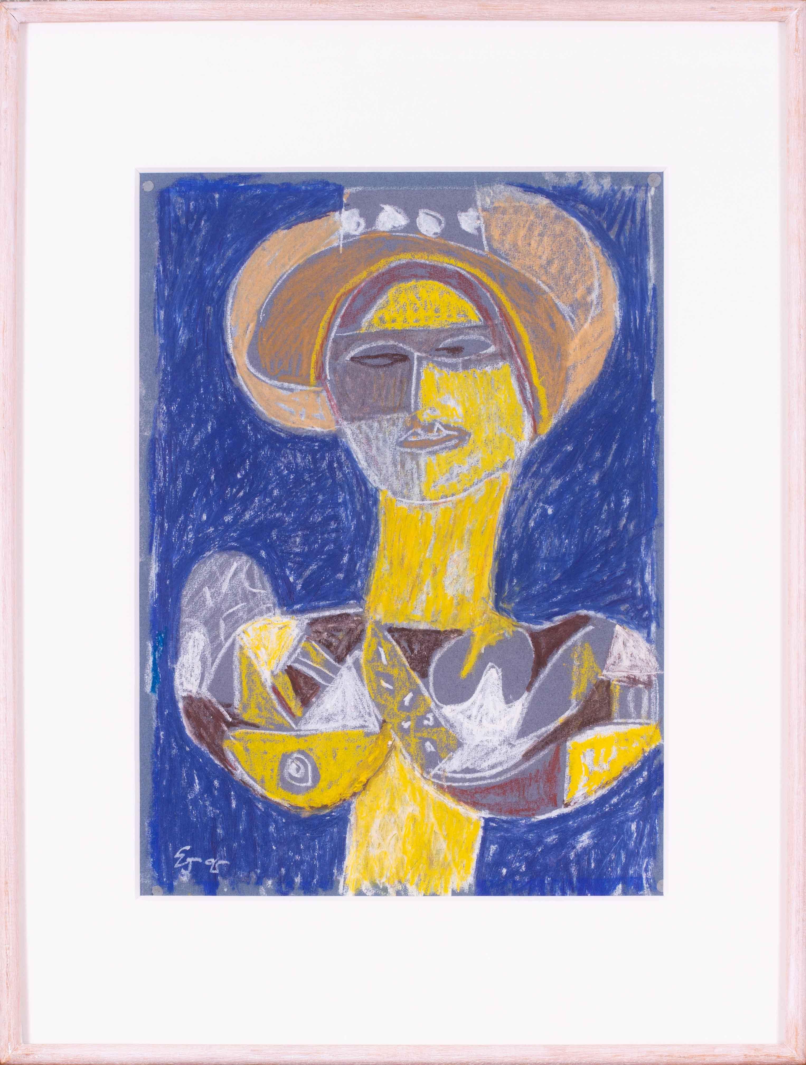 Ein wirklich beeindruckendes und originelles Werk des britischen Künstlers Ewart Johns (1923-2013) aus der Mitte des Jahrhunderts.  Dieses auffällige, in kontrastreichen Gelb- und Blautönen gehaltene Werk wurde 1995 von dem Künstler geschaffen. Es