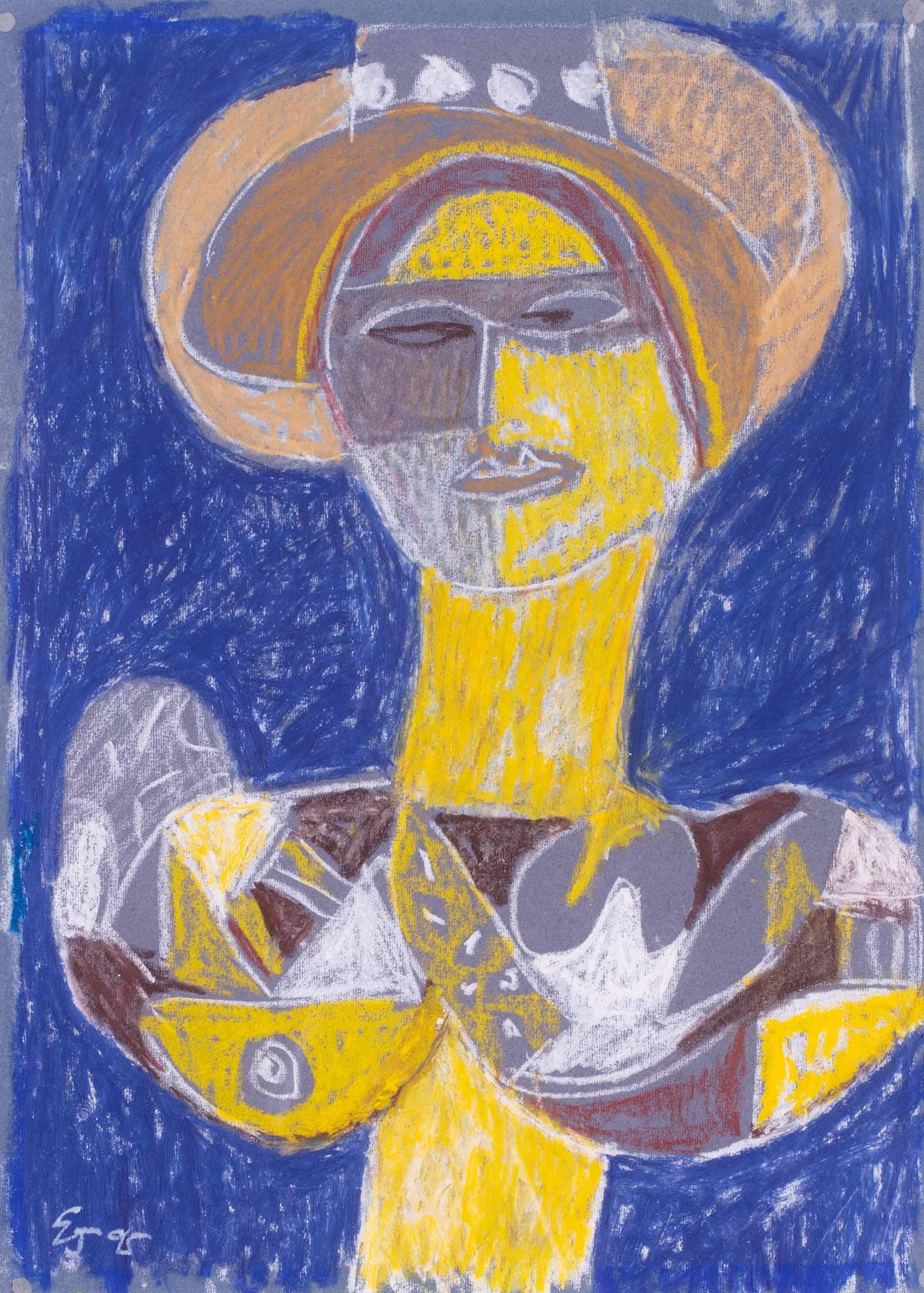 Abstract female in blues and yellow by Modern British 20th C artist, Ewart Johns For Sale 1