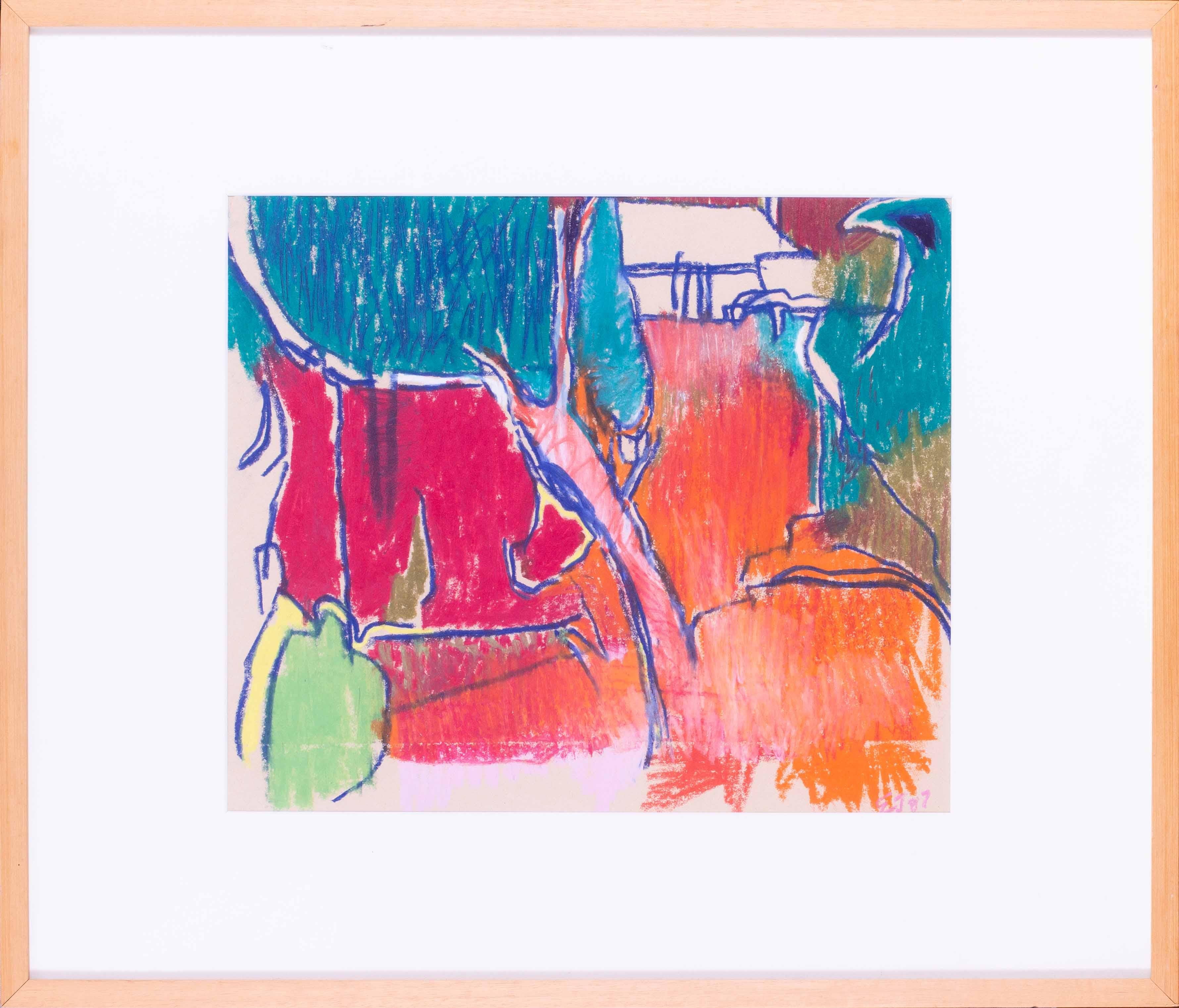 Un'opera astratta a pastello dai colori vivaci e gioiosi dell'artista Modern British Ewart Johns.

Ewart Johns (Regno Unito, 1923 - 2013)
Giardino rosso
Pastello
Firmato con le iniziali e datato "EJ 87" (in basso a destra), con titolo (sul retro)
14