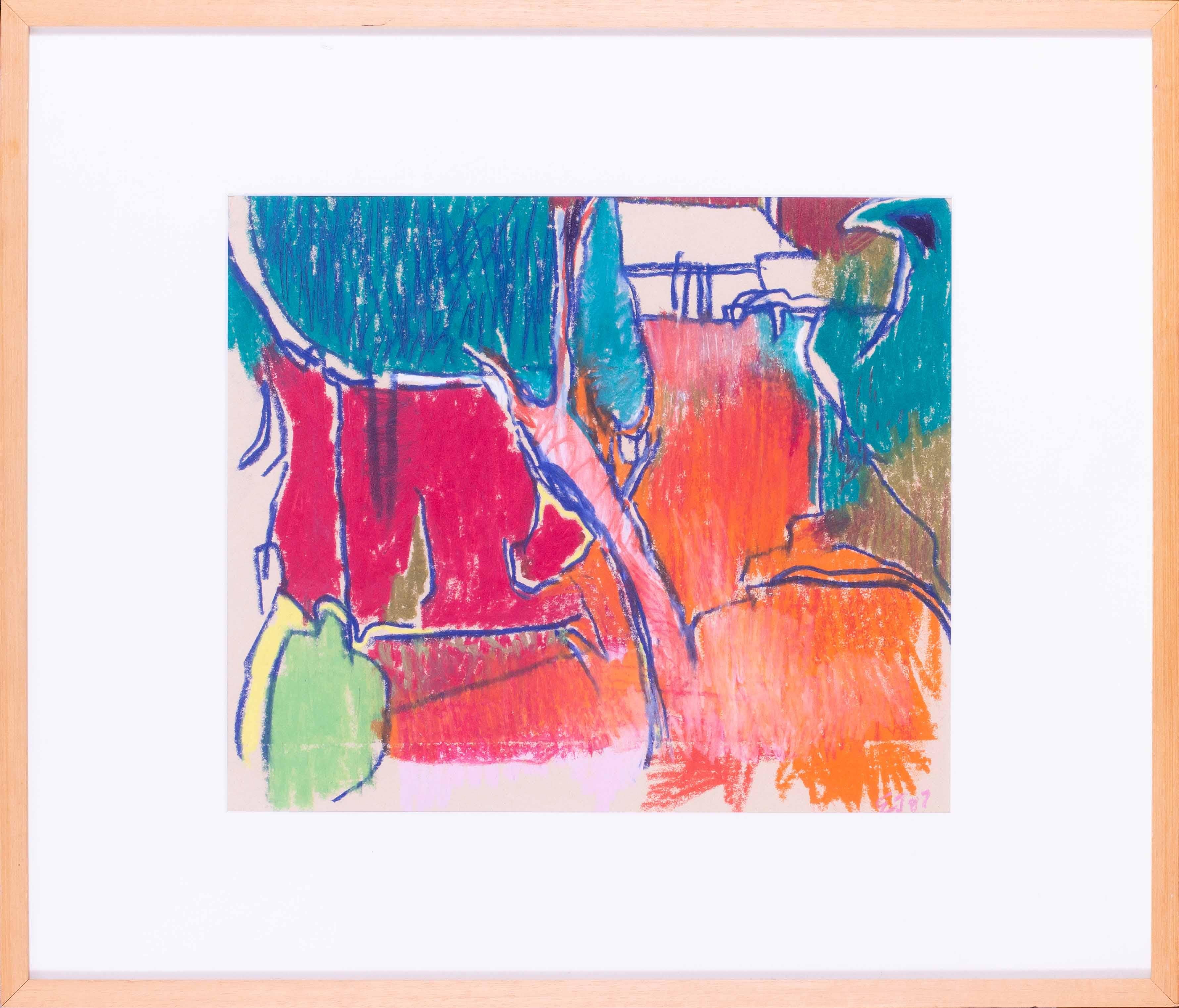 Dessin abstrait au pastel d'un jardin rouge par l'artiste Modern British Ewart Johns.