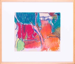 Pastel abstract drawing of a red garden by Modern British artist Ewart Johns