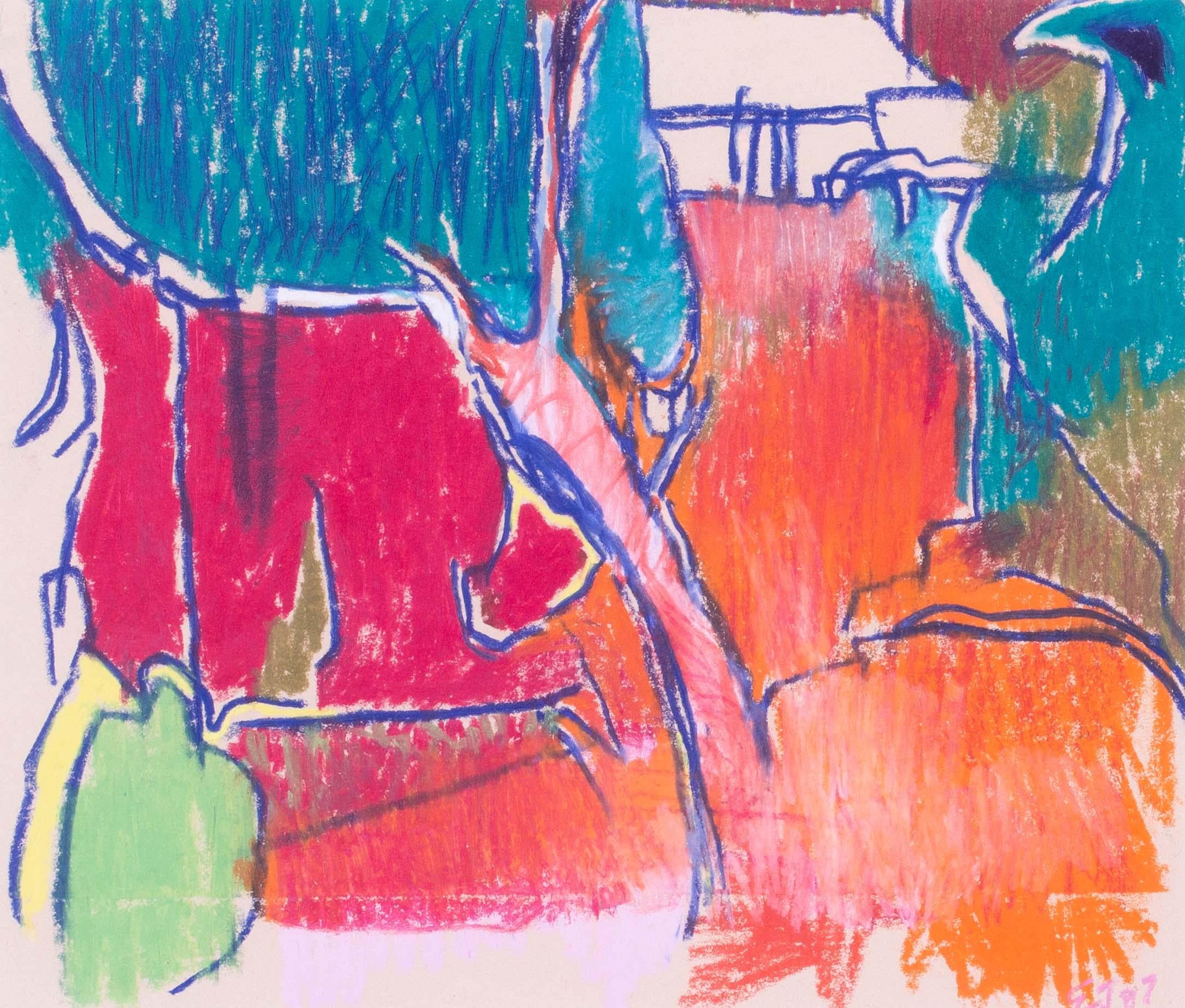 Abstrakte Pastellzeichnung eines roten Gartens des modernen britischen Künstlers Ewart Johns im Angebot 1