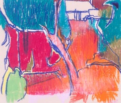 Pastel abstract drawing of a red garden by Modern British artist Ewart Johns
