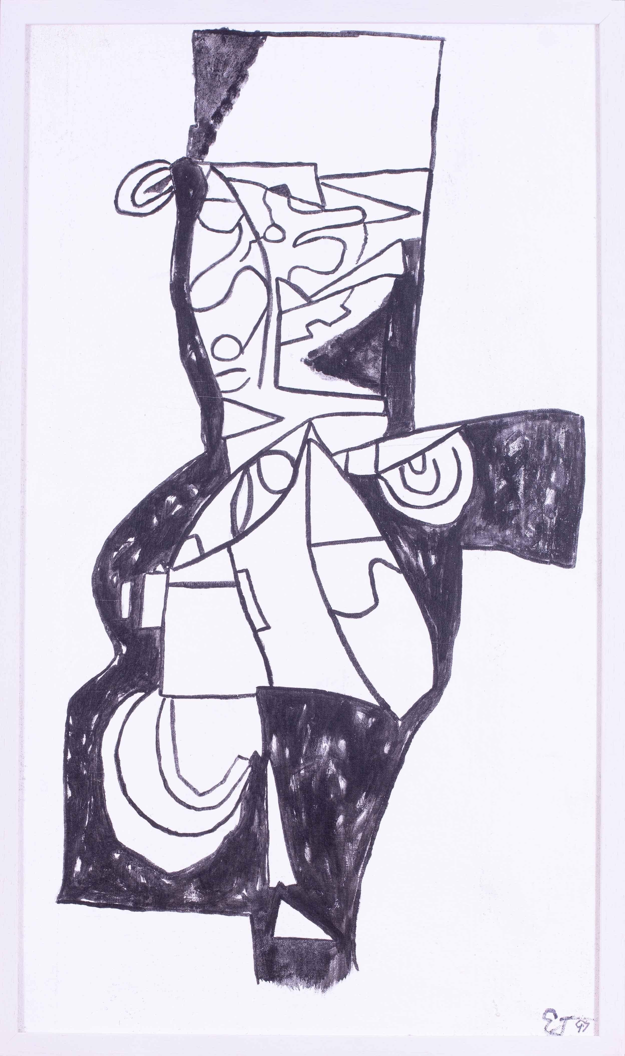 1997 Schwarz-Weiß-Abstraktes des modernen britischen Künstlers Ewart Johns.

Ewart Johns (Brite, 1923 - 2013)
Schwarz auf Weiß IV
Acryl auf Leinwand, aufgelegt auf Karton
Signiert mit Initialen und datiert 'EJ 97' (unten rechts) und rückseitig