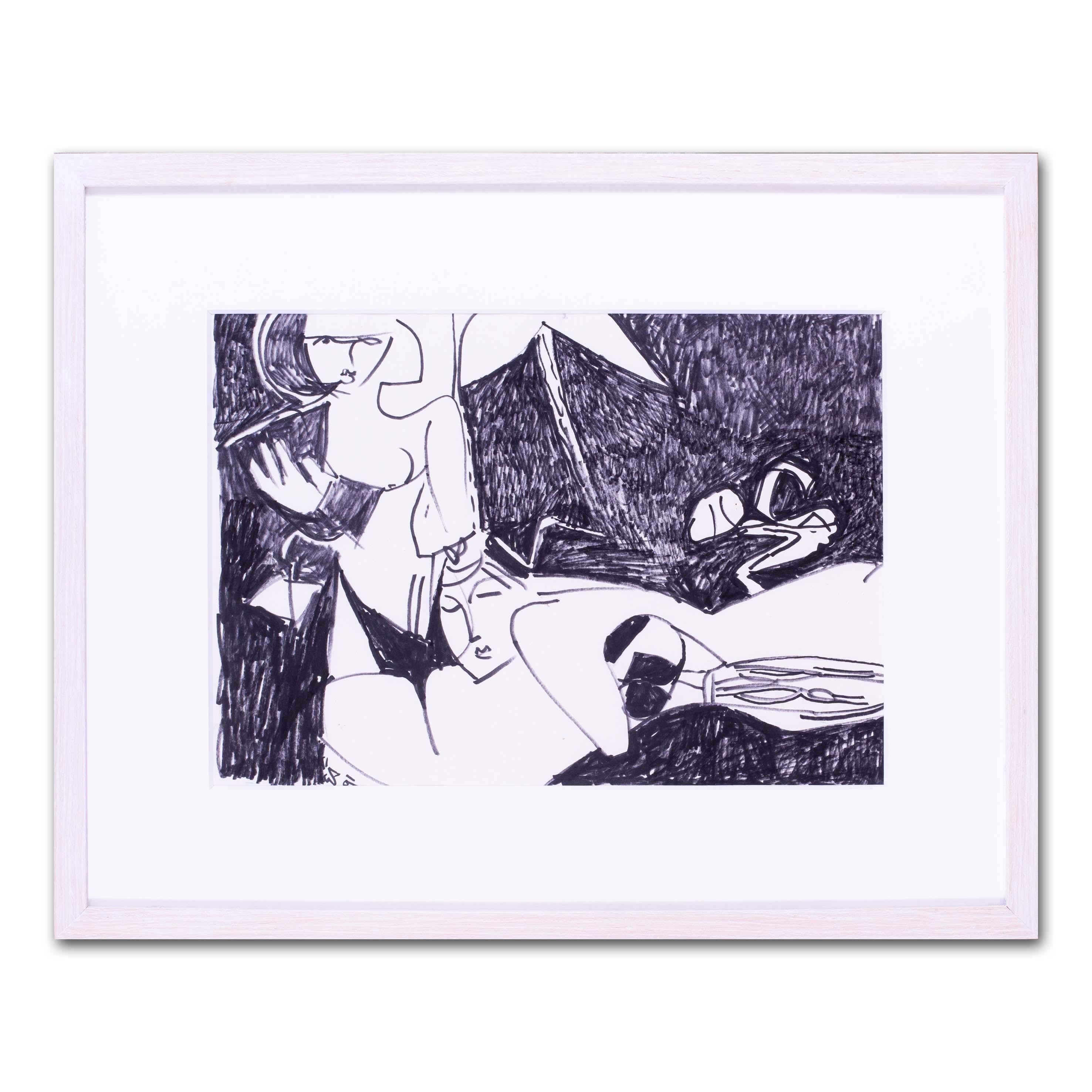 Black and white sketch of two women by Modern British artist Ewart Johns For Sale 1