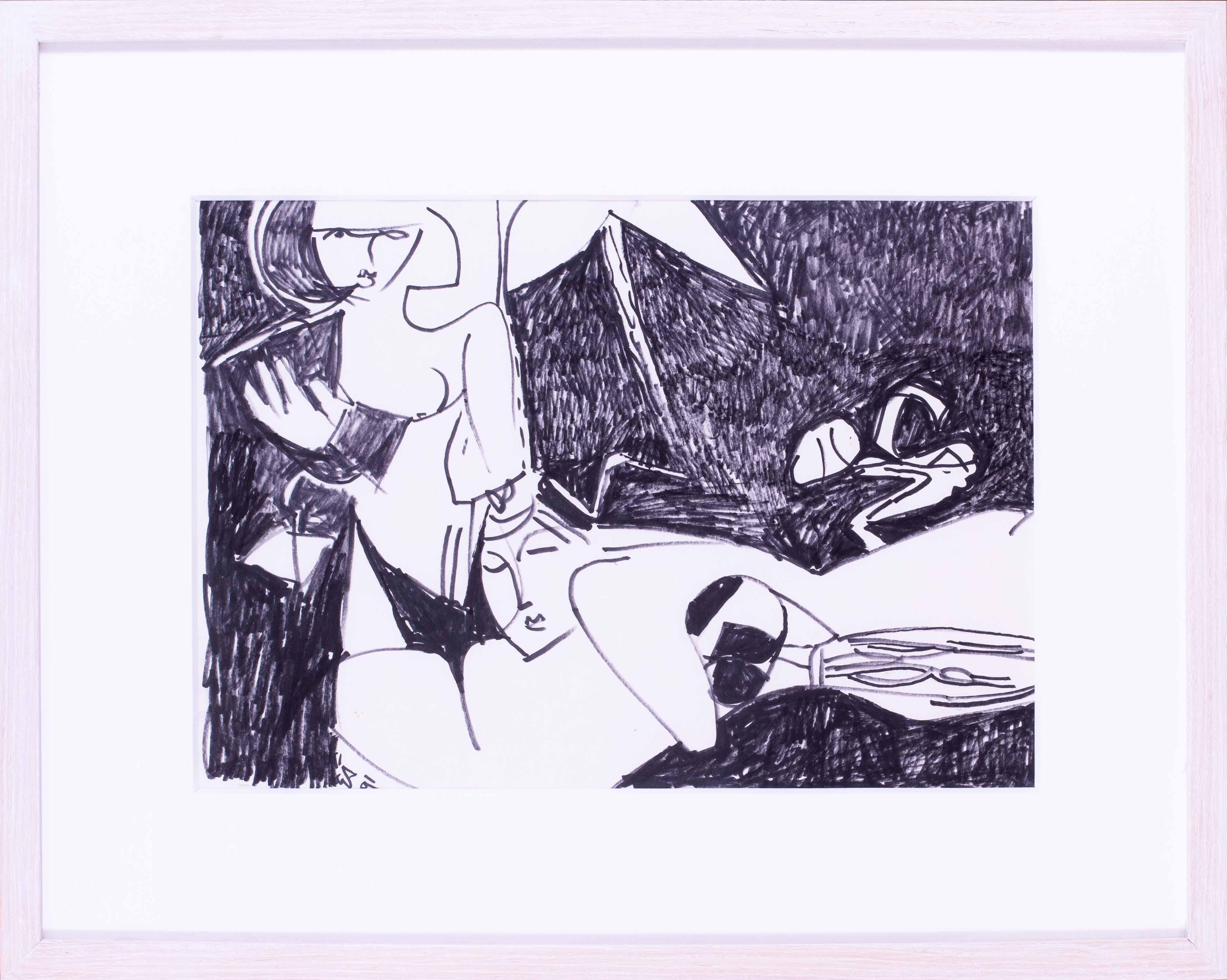 Schwarz-Weiß-Skizze von zwei Frauen des modernen britischen Künstlers Ewart Johns