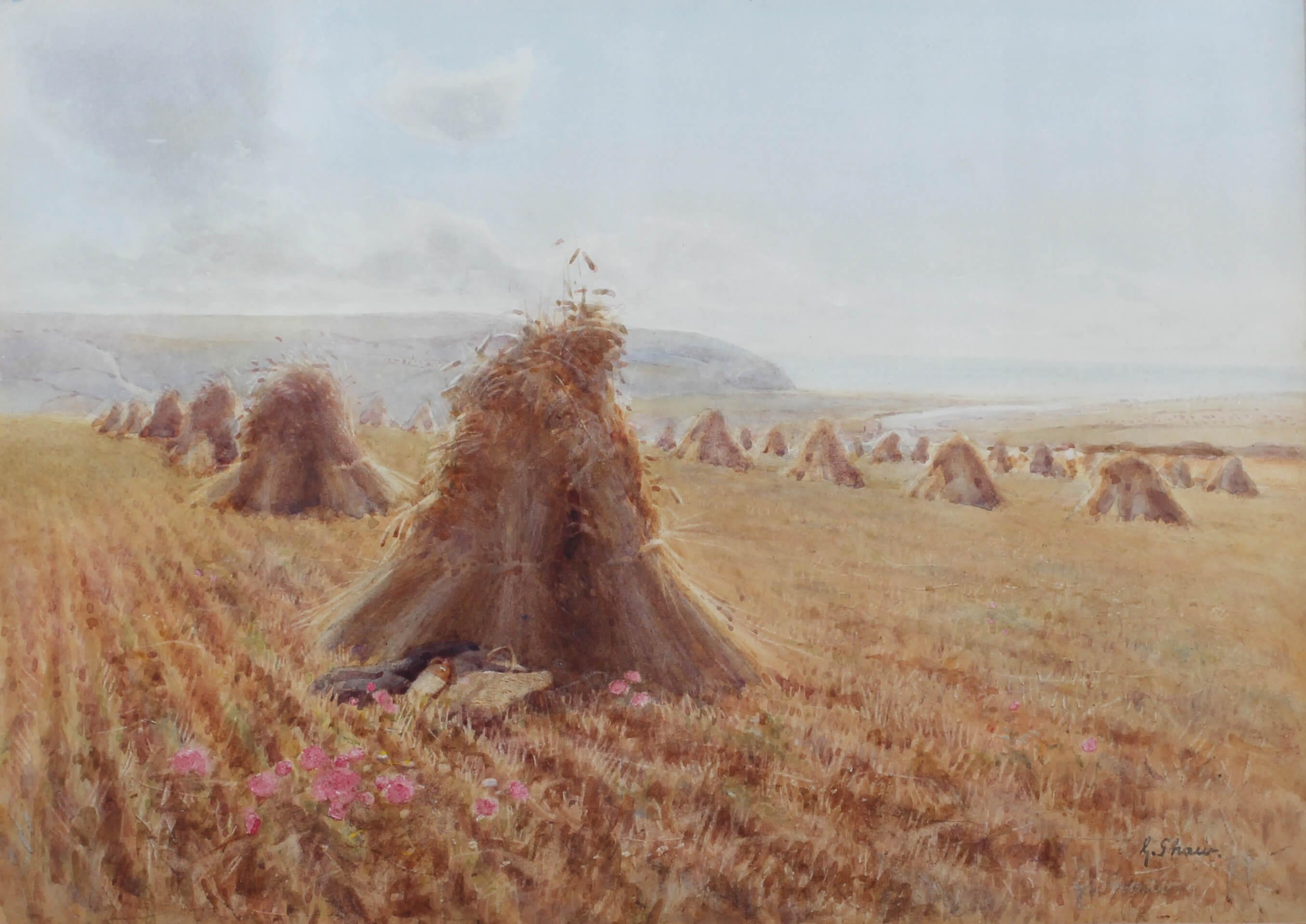 British 19th Century watercolour of haystacks near the Cuckmere vallery, Sussex - Art by George Shaw