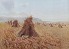 British 19th Century watercolour of haystacks near the Cuckmere vallery, Sussex