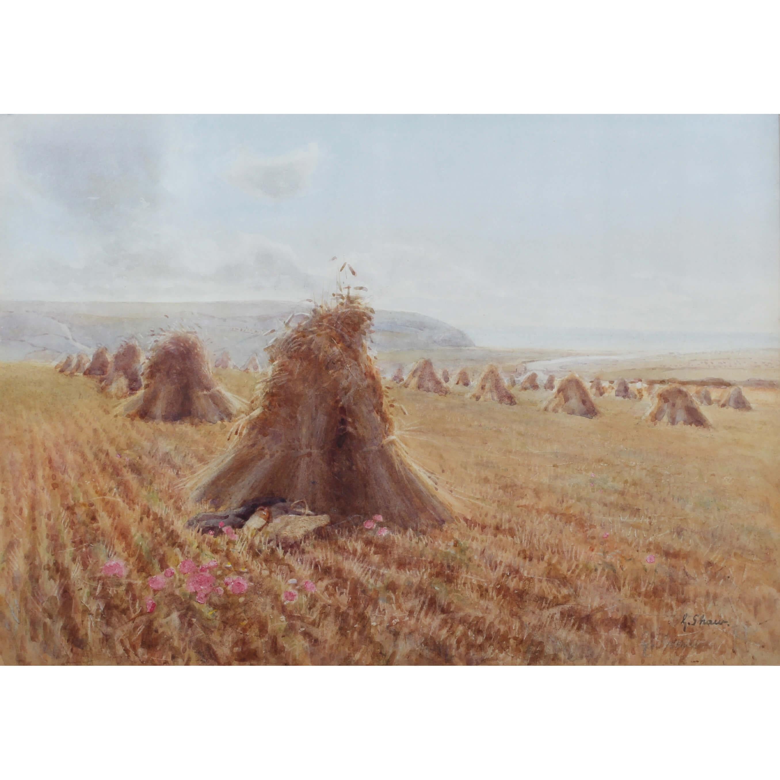 British 19th Century watercolour of haystacks near the Cuckmere vallery, Sussex - Academic Art by George Shaw