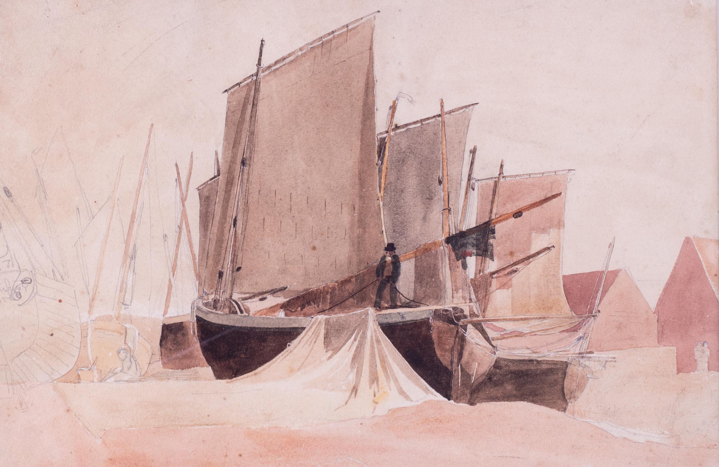 Aquarell von Fischerbooten bei Niedergezeiten aus dem 19. Jahrhundert des britischen Künstlers de Wint – Art von Peter de Wint