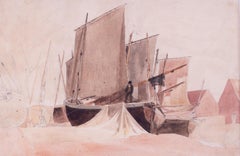 Aquarelle du 19e siècle représentant des bateaux de pêche à basse marée de l'artiste britannique de Wint