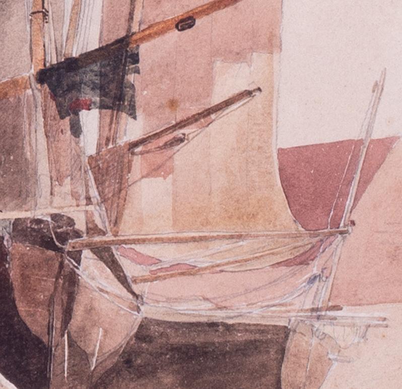 19th Century watercolour of fishing boats at low tide by British artist de Wint For Sale 1