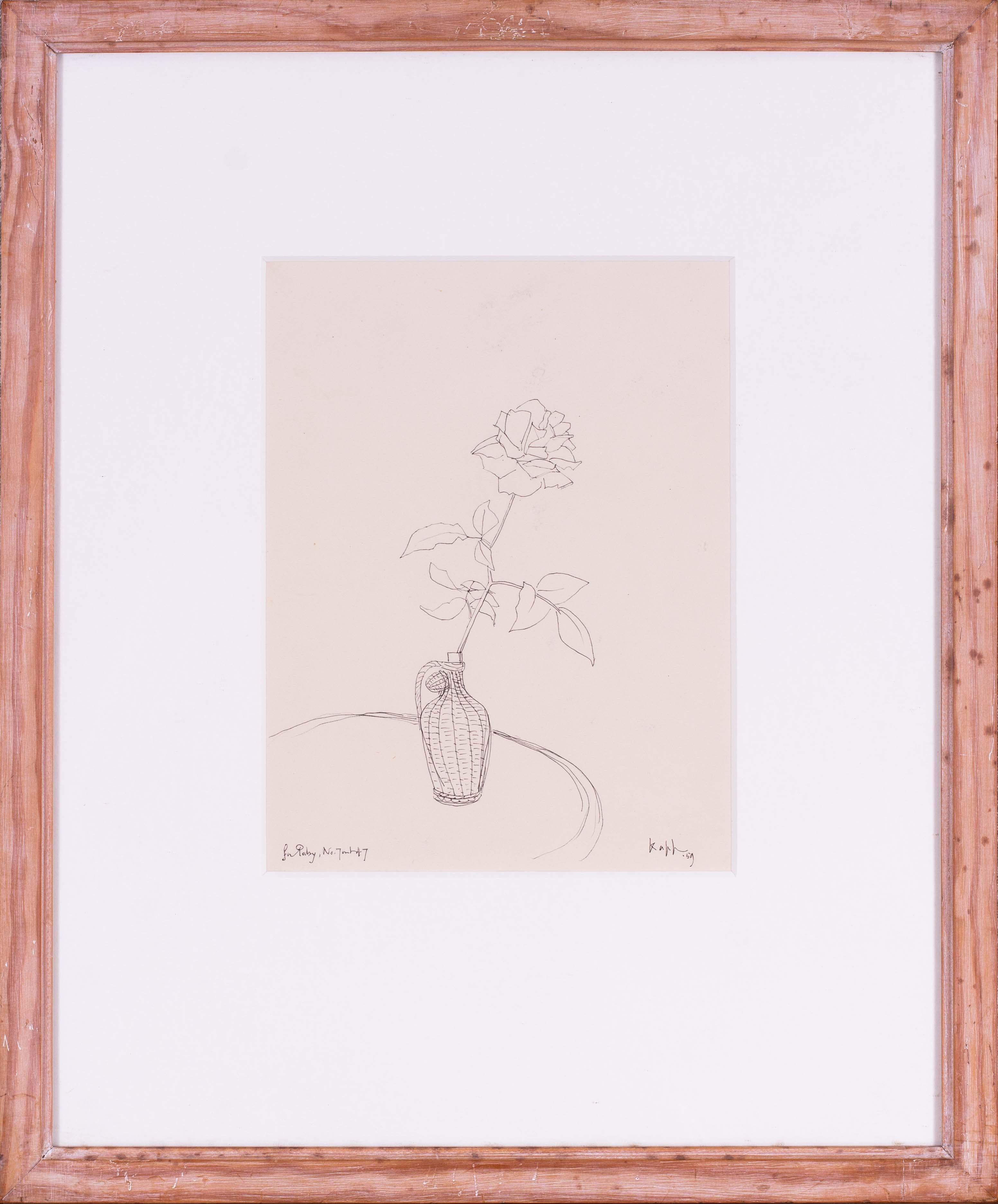 Eduard Xavier Kapp (British, 1890 – 1978)
Rose in bottle
Ink pen
Signed, inscribed and dated ‘For Paby, no7 out of 7 Kapp. 59’ (lower edge)
11 x 8.1/4 in. (28 x 21 cm.)

Edmond Kapp was born in Islington, London, on 5 November 1890, of American and