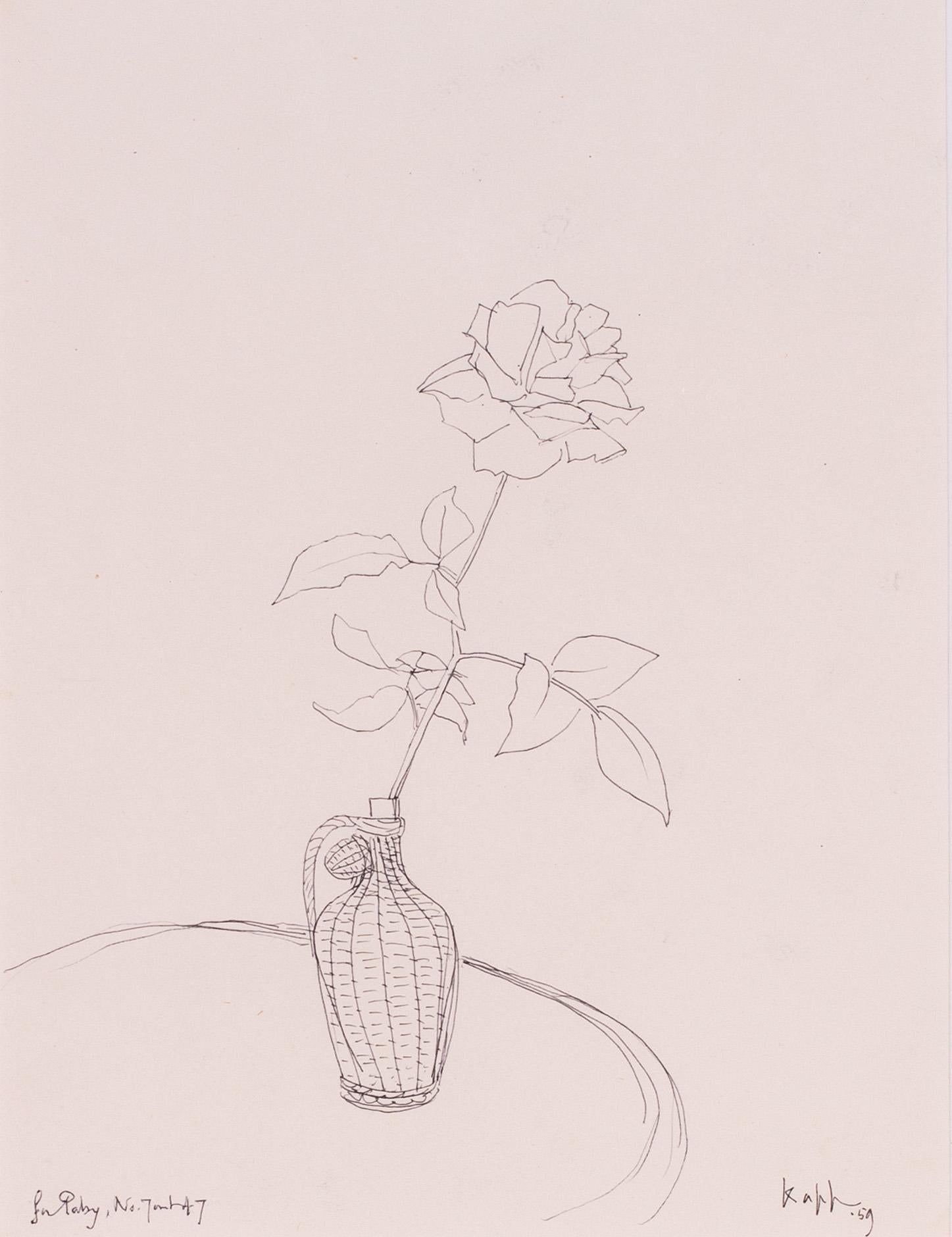 Modern British ink pen on paper work of a rose by Edmond Xavier Kapp For Sale 1