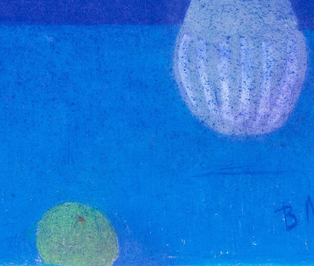Modernes britisches Stilleben des 20. Jahrhunderts in Blau von Bernard Myers in Pastell im Angebot 5
