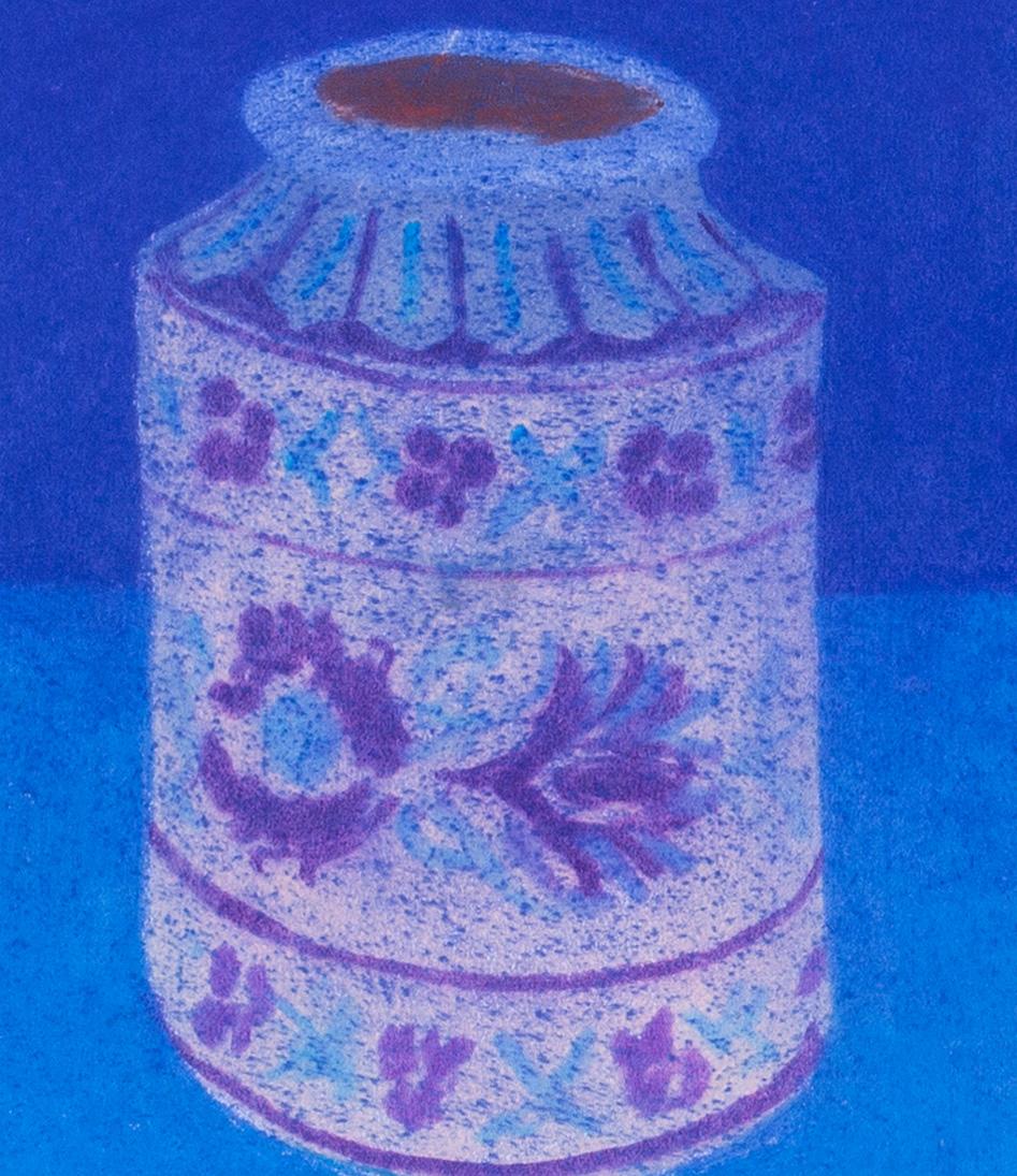 Modernes britisches Stilleben des 20. Jahrhunderts in Blau von Bernard Myers in Pastell im Angebot 3