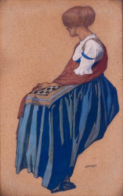 Scottish early 20th Century watercolour painting of a sitting girl by Lamont