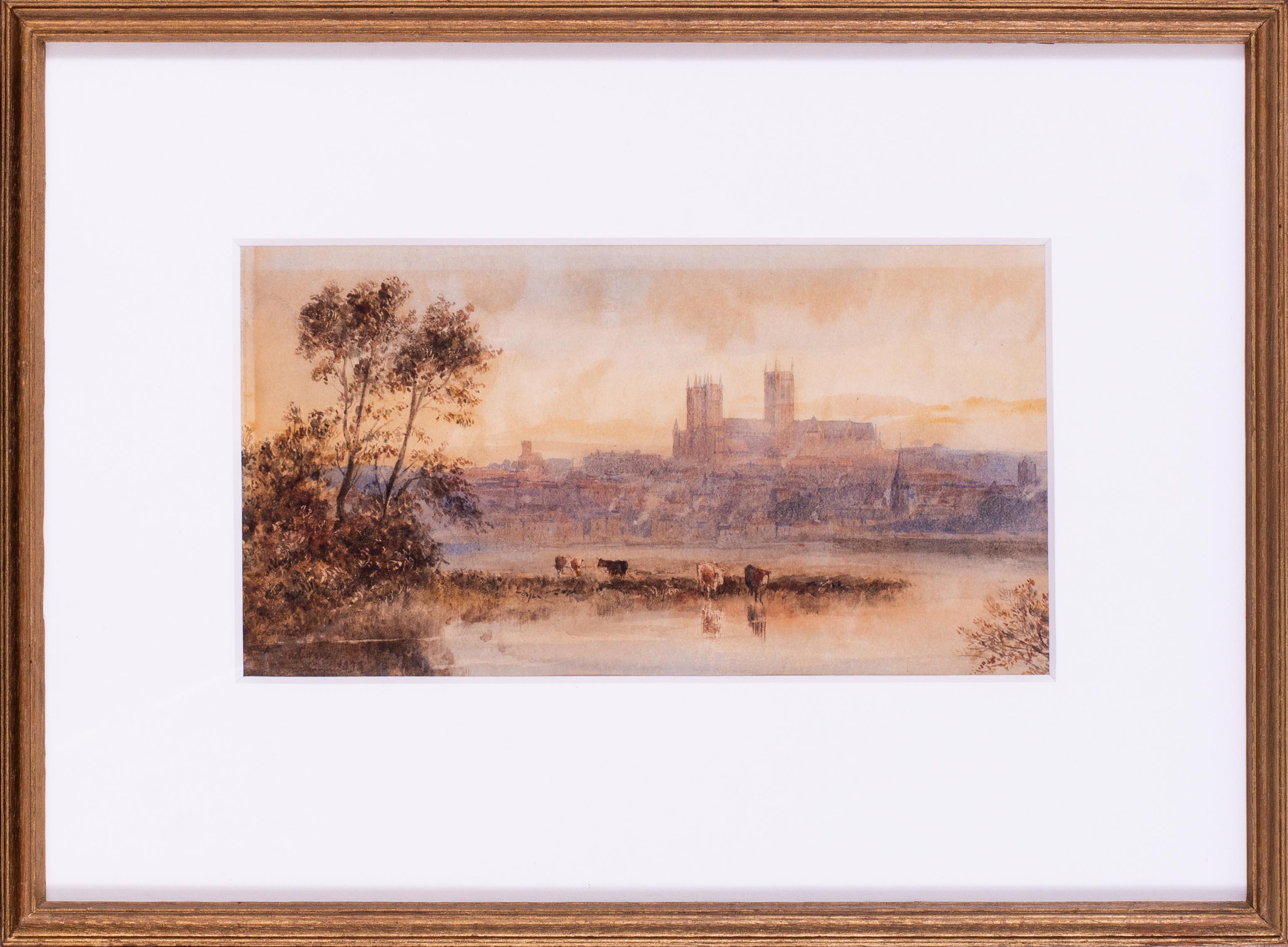 Landscape Art Albert Goodwin - Aquarelle britannique du 19e siècle représentant la rivière Witham, la cathédrale de Lincoln au-delà par Goodwin