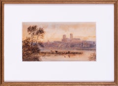 Antique British 19th C watercolour of River Witham, Lincoln Cathedral beyond by Goodwin