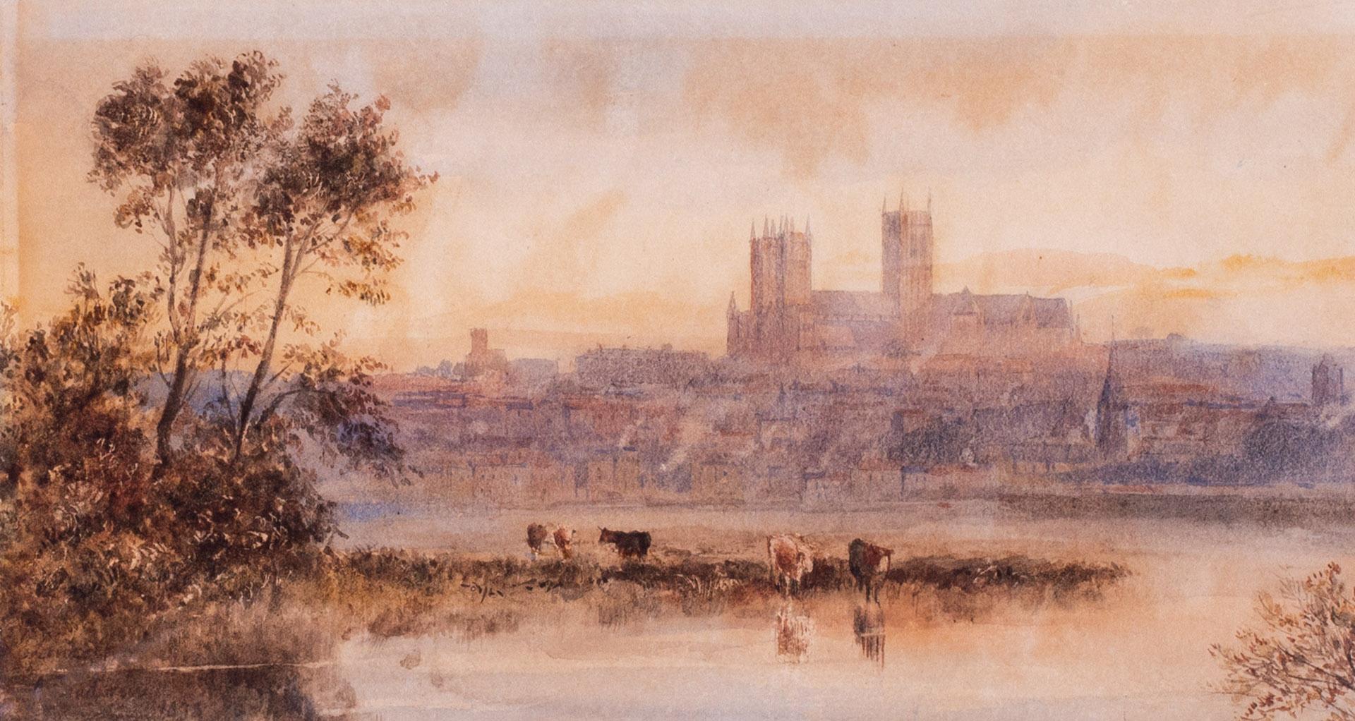 Britisches Aquarell von River Witham aus dem 19. Jahrhundert, Lincoln-Kathedrale dazwischen, von Goodwin – Art von Albert Goodwin
