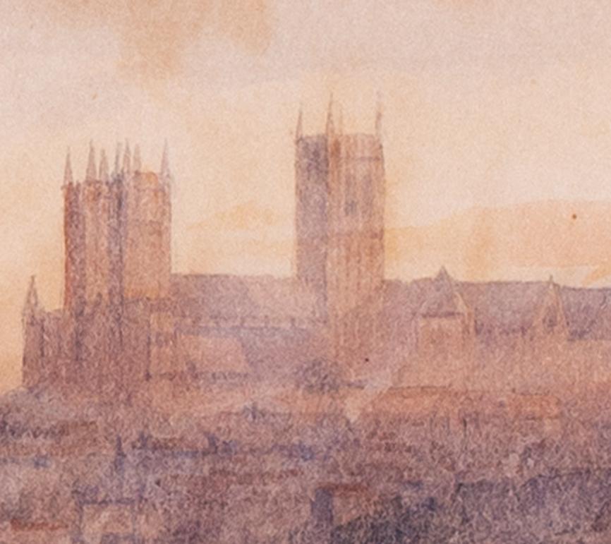 British 19th C watercolour of River Witham, Lincoln Cathedral beyond by Goodwin - Beige Landscape Art by Albert Goodwin