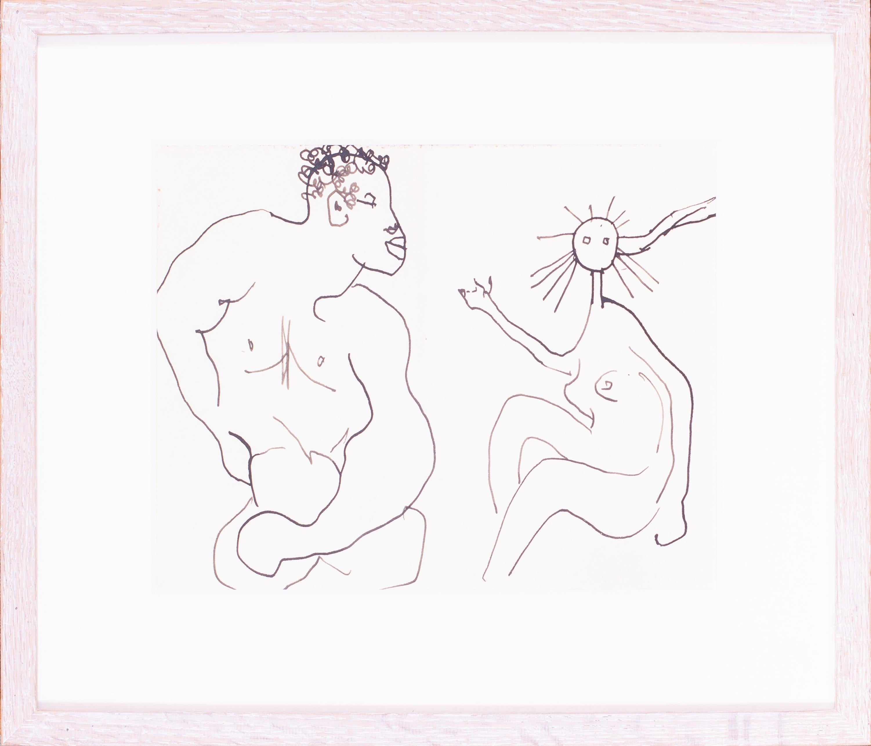 Ein sehr auffälliges und lustiges abstraktes Bild von zwei nackten Figuren des modernen britischen Künstlers Roger Hilton.

Roger Hilton CBE (1911-1975) war ein Pionier der abstrakten Kunst im Großbritannien der Nachkriegszeit. Er wird oft mit der