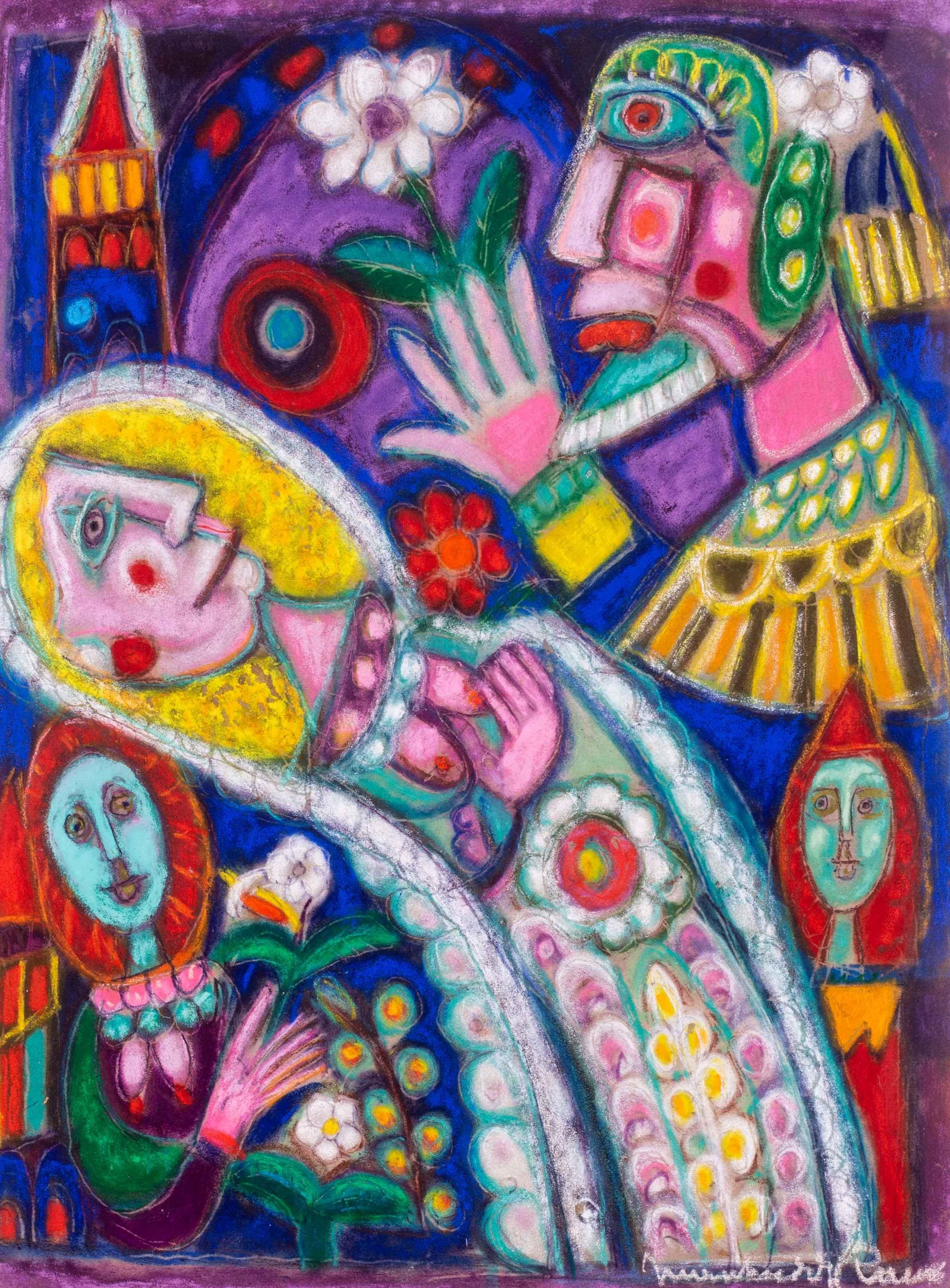 French Surrealist pastel drawing  'Offering to the bride' by Marchand des Raux - Art by Louis Marchand des Raux