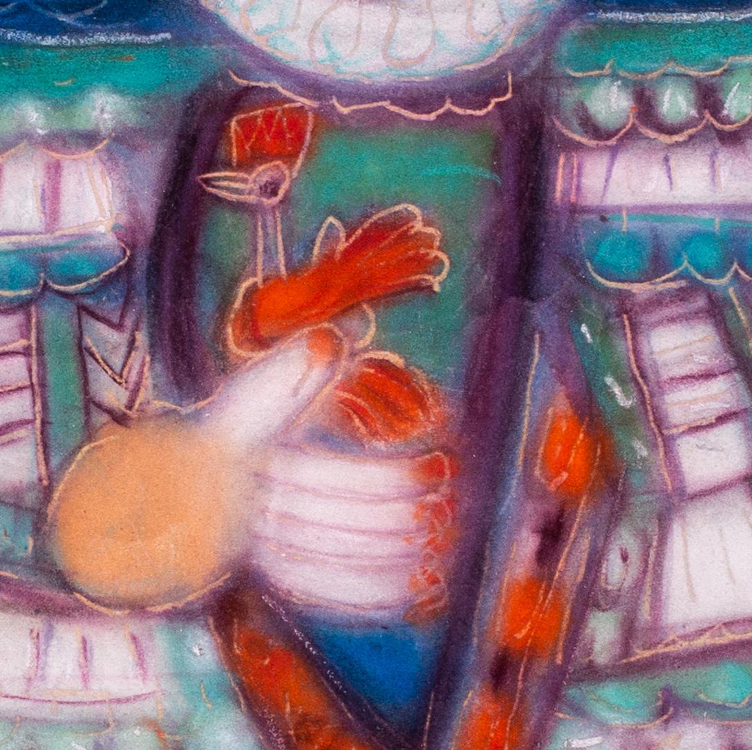 Französische surrealistische Pastellzeichnung  „Der König und der Vogel“ von Marchand des Raux (Violett), Animal Art, von Louis Marchand des Raux