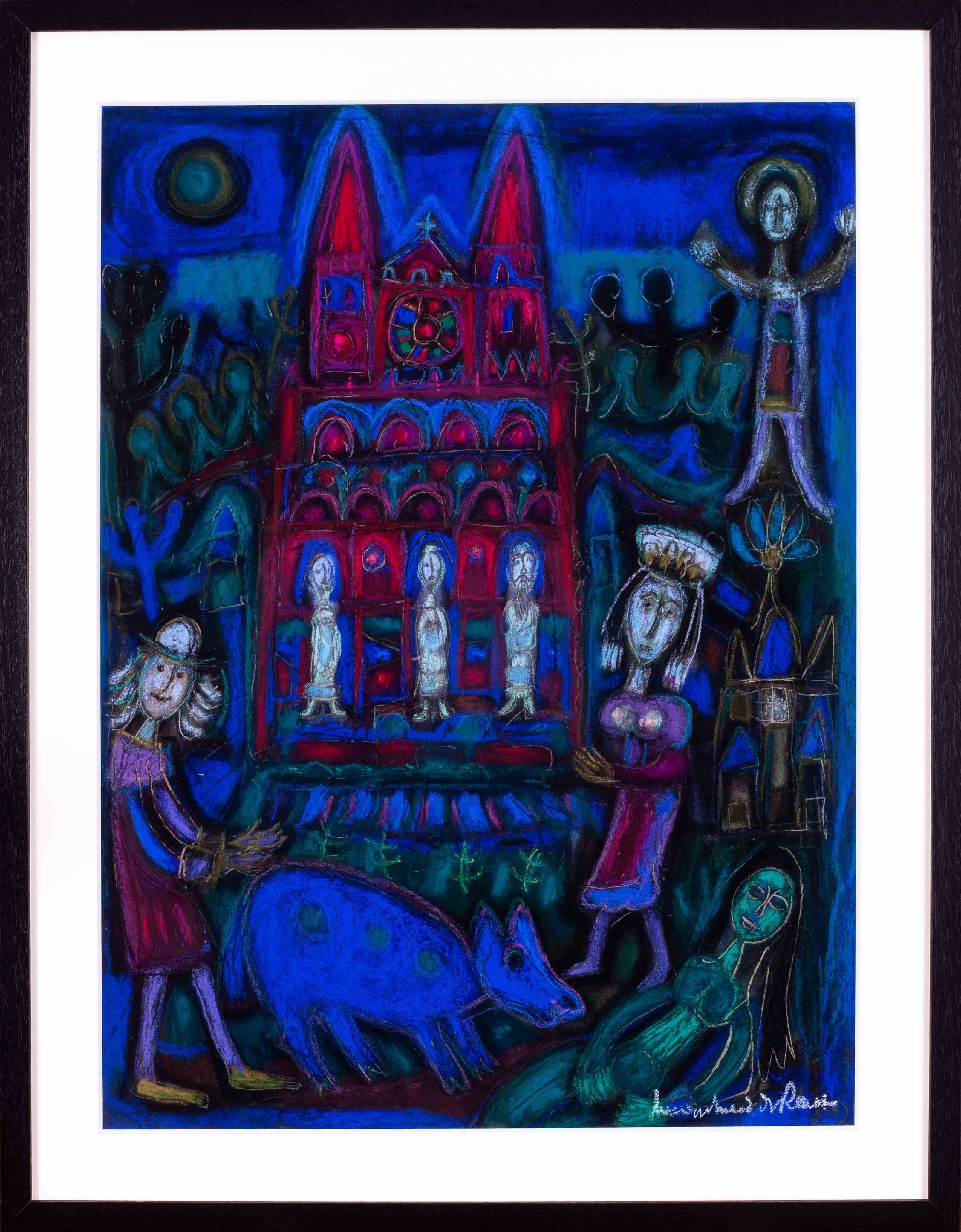 Louis Marchand des Raux Figurative Art - French Surrealist pastel drawing  'In front of the church' by Marchand des Raux