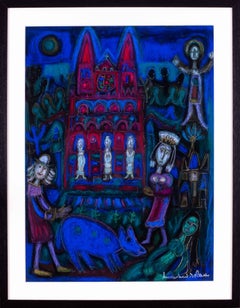 Französische surrealistische Pastellzeichnung  „Vor der Kirche“ von Marchand des Raux