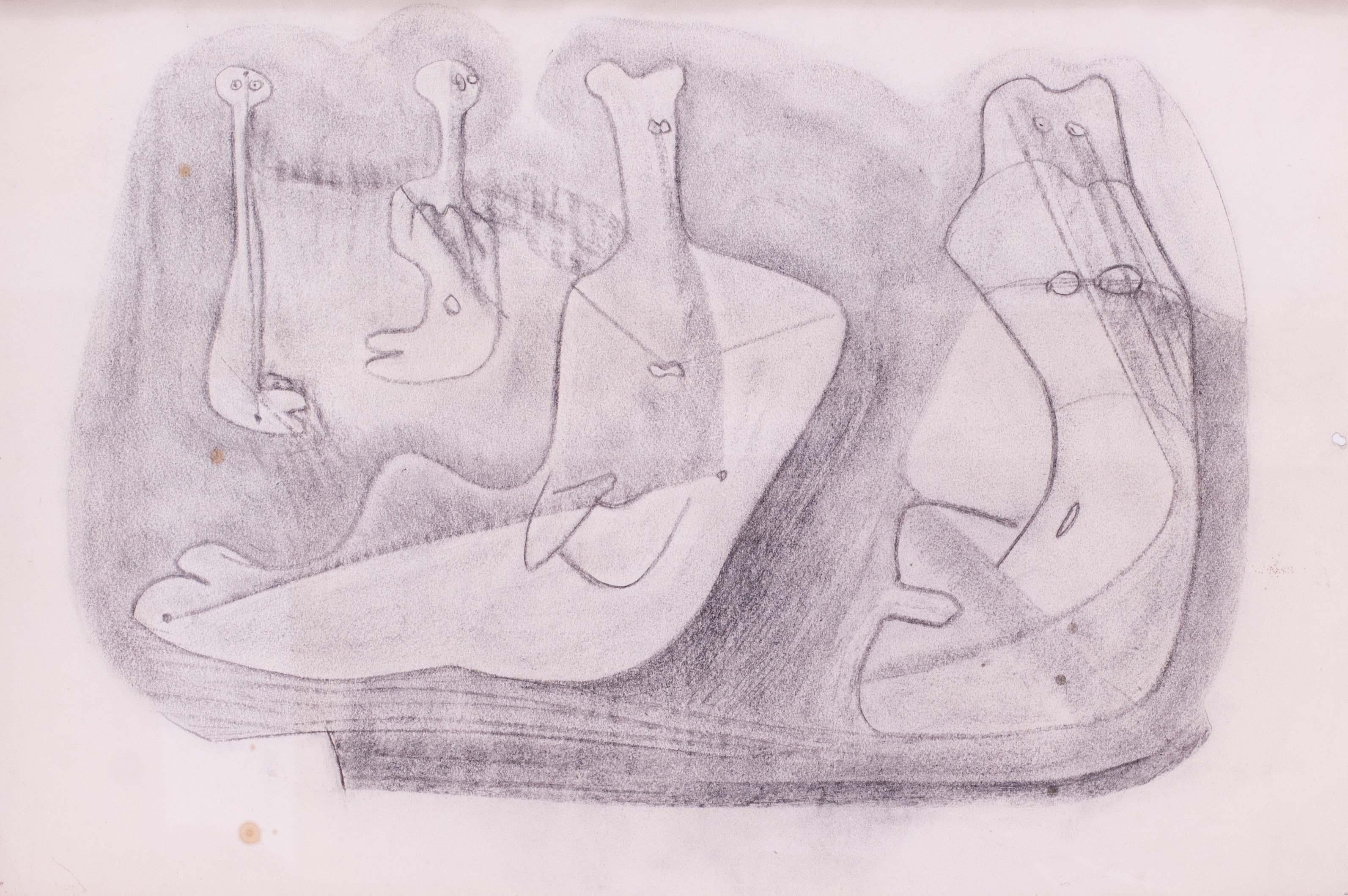 Moderne britische Zeichnung mit abstrakten Figuren von Arthur Berridge, 1950 im Angebot 1