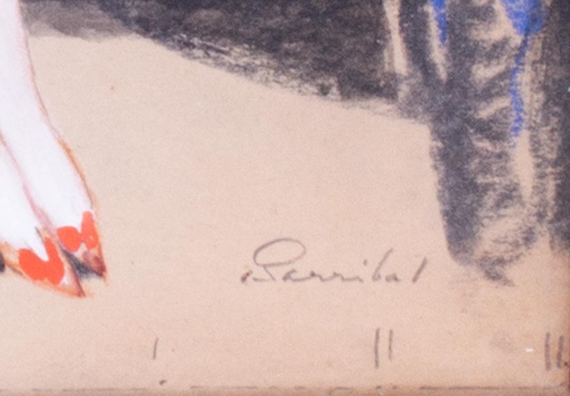 Ein bezauberndes Aquarell des britischen Art-Déco-Designers und Illustrators William Henry Barribal mit einer leichten Note.  

Zu Beginn des 20. Jahrhunderts war Barribal ein erfolgreicher Maler und Designer geworden. Er schuf eine Reihe von