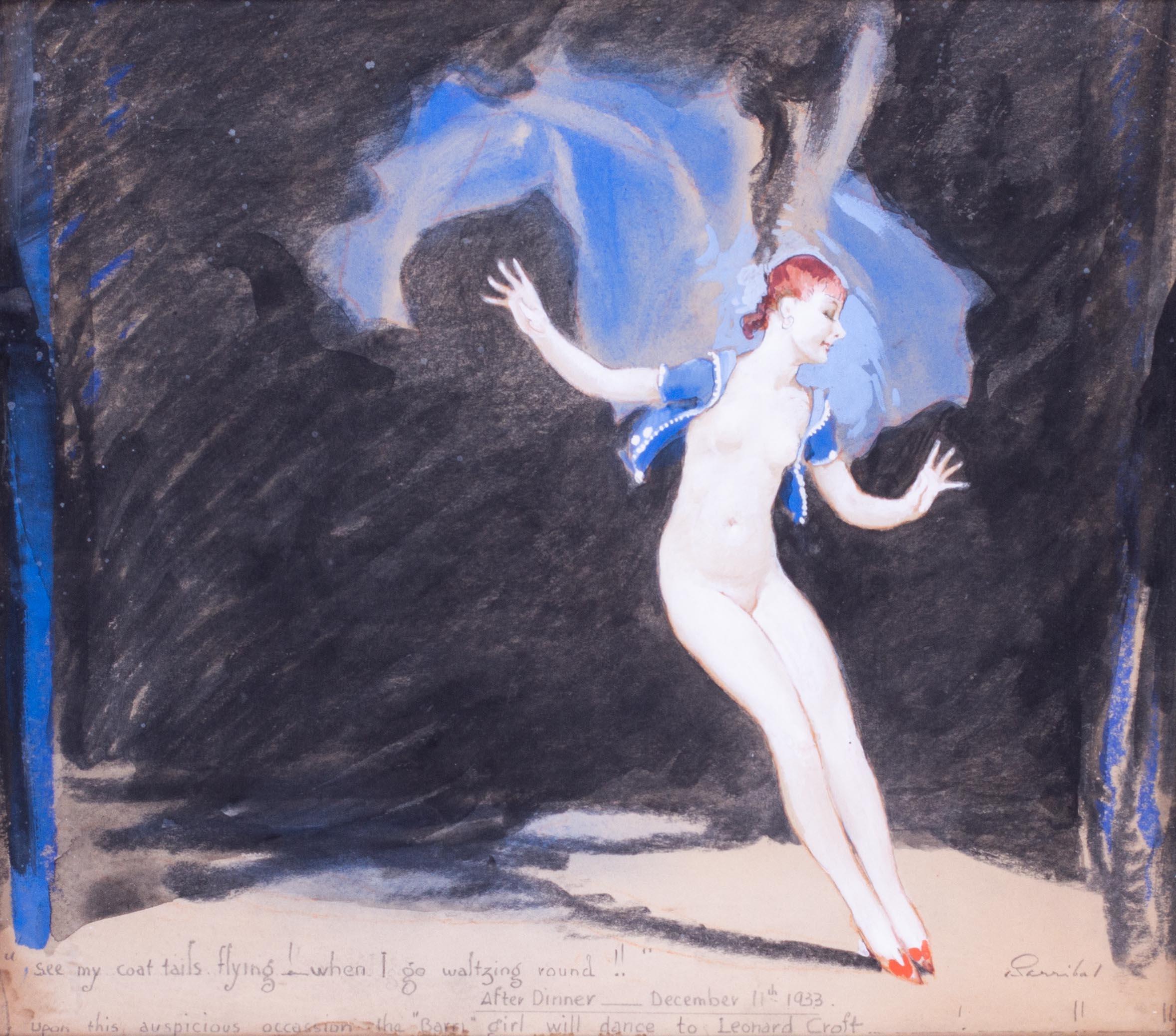 Art Deco British watercolour drawing, William Barribal 'See my coat tails flying - Gray Figurative Art by William Henry Barribal