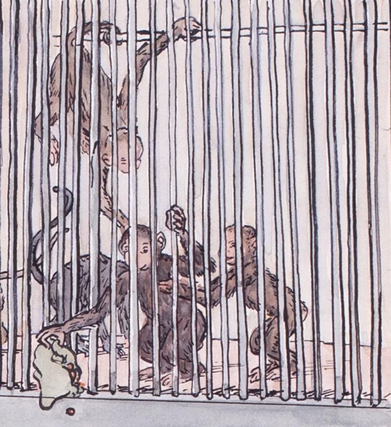 Dessin à l'aquarelle et à la plume du milieu du siècle dernier représentant des enfants au zoo avec un singe - Académique Art par Mona Alizon Edmonds