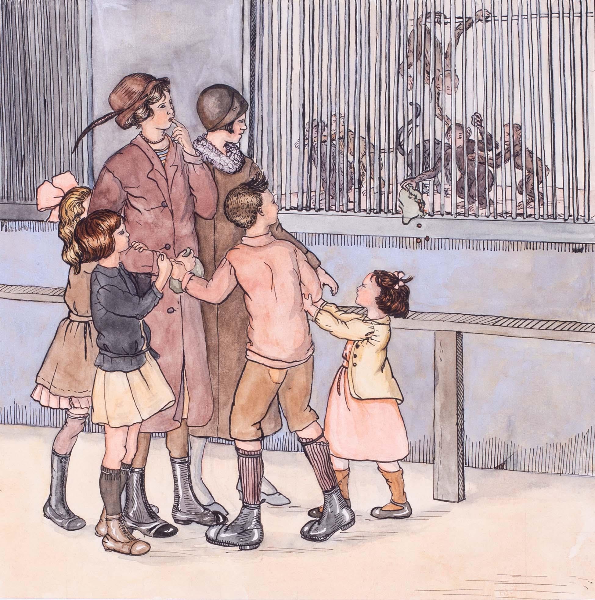 British mid century watercolour and pen drawing of children at a zoo with monkey - Art by Mona Alizon Edmonds